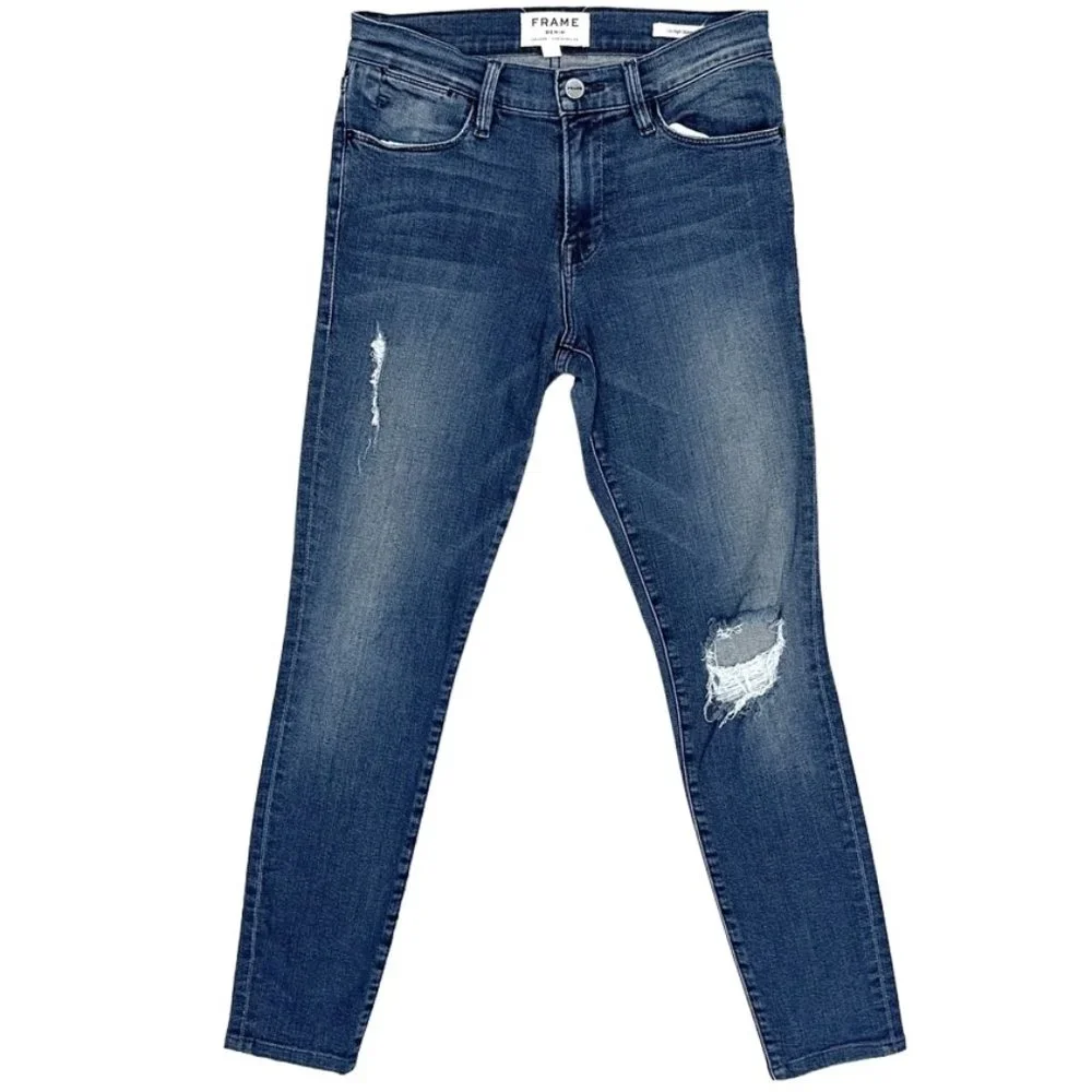 Frame Le High Rise Distressed Skinny Jeans in Endell Dark Wash Denim Size 26